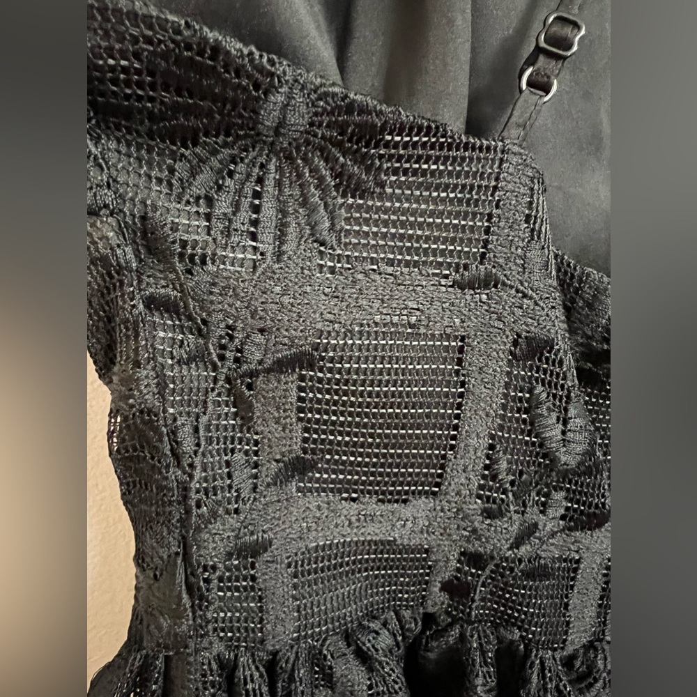 BEBE Black Embroidered Mesh Fit & Flare Mini Dress – Crisscross Back – Size 6 - Picture 11 of 16